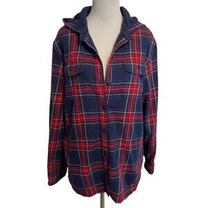 L.L. Bean Cotton Shacket Womens Medium Red & Blue Plaid Hooded Shirt Jacket